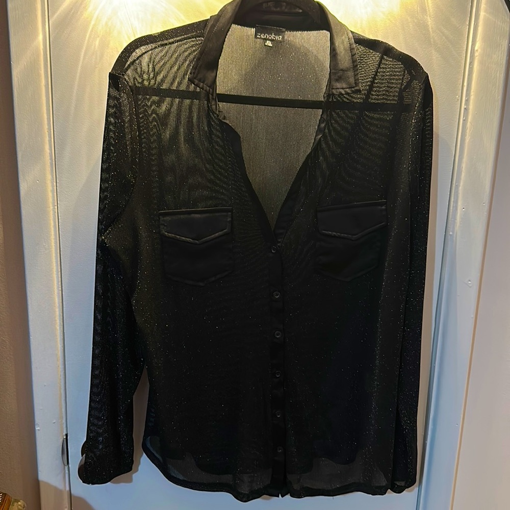 Zenobia; 3XL; Long sleeve glitter collar top with double pocket front